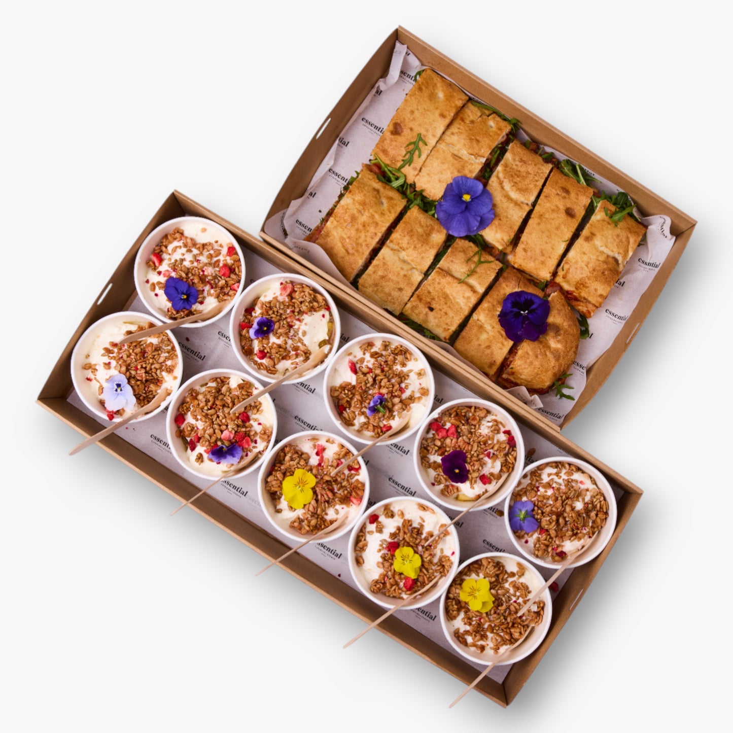 Option 2: Coconut, ginger & pineapple muesli cups, spiced yoghurt, BLT; Turkish, bacon, lettuce, tomato & relish (nf)