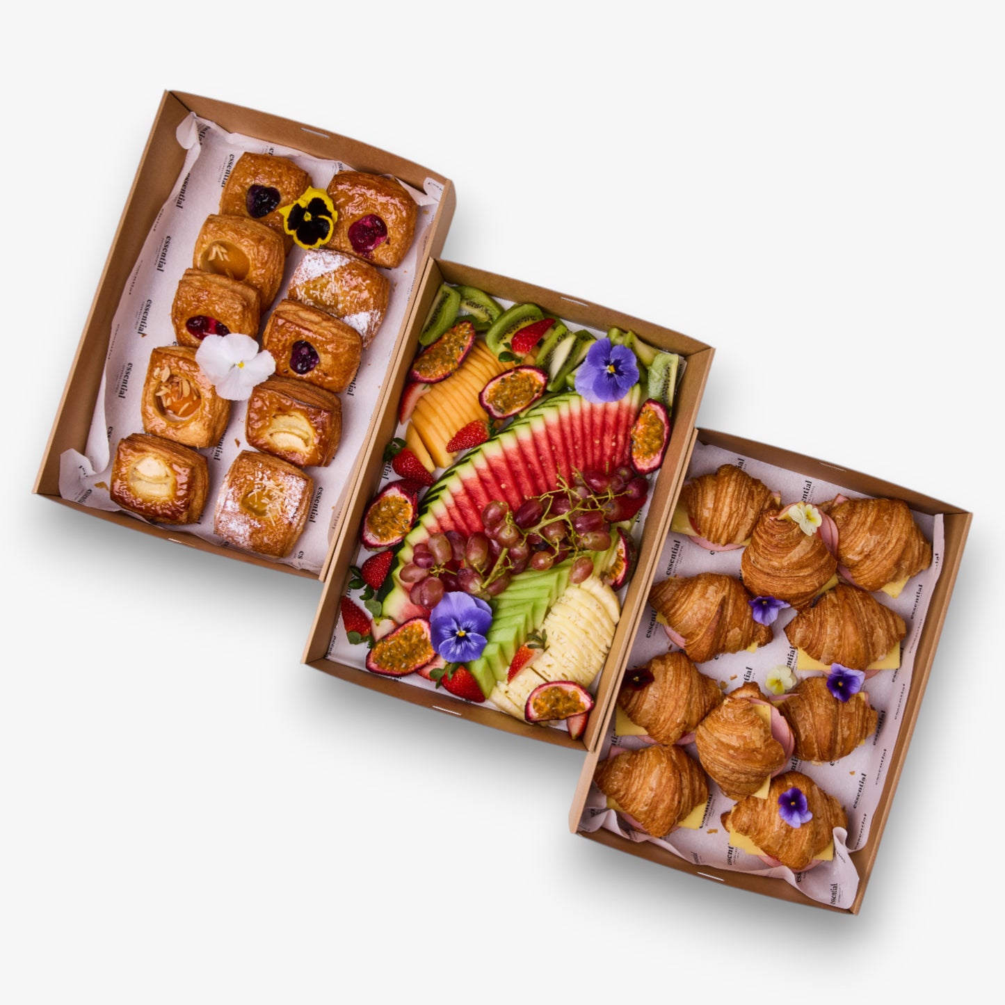 Option4: Assorted Danish pastries (v), seasonal fruit platter (vg)(gf), Croissants: Ham, cheese & tomato