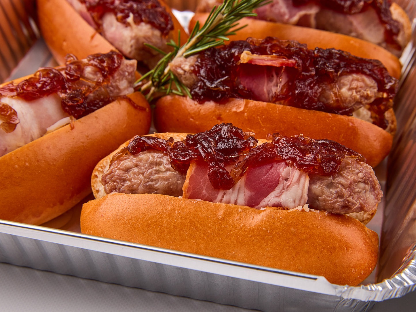 Pigs in Blanket, milk bun hotdog roll, onion jam