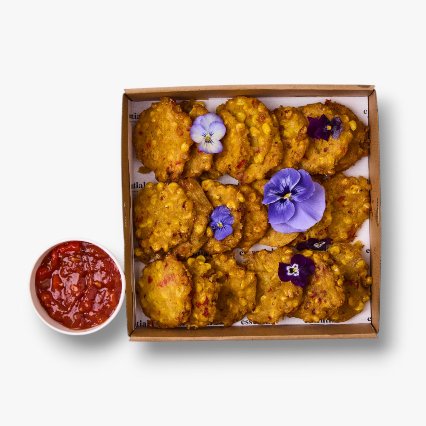 BBQ corn cakes, capsicum relish (2 per person)
