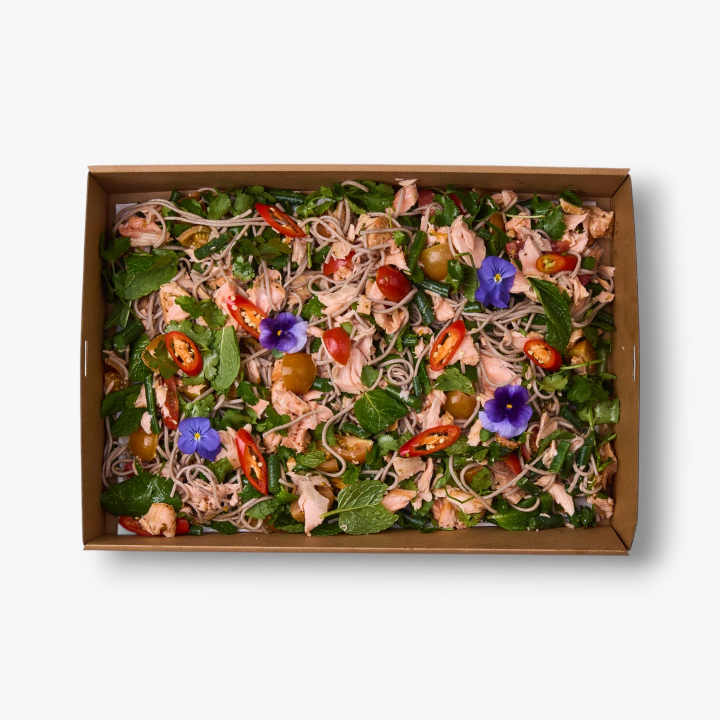 Baked Tasmanian salmon, soba noodles, green beans, cherry tomatoes, Thai dressing