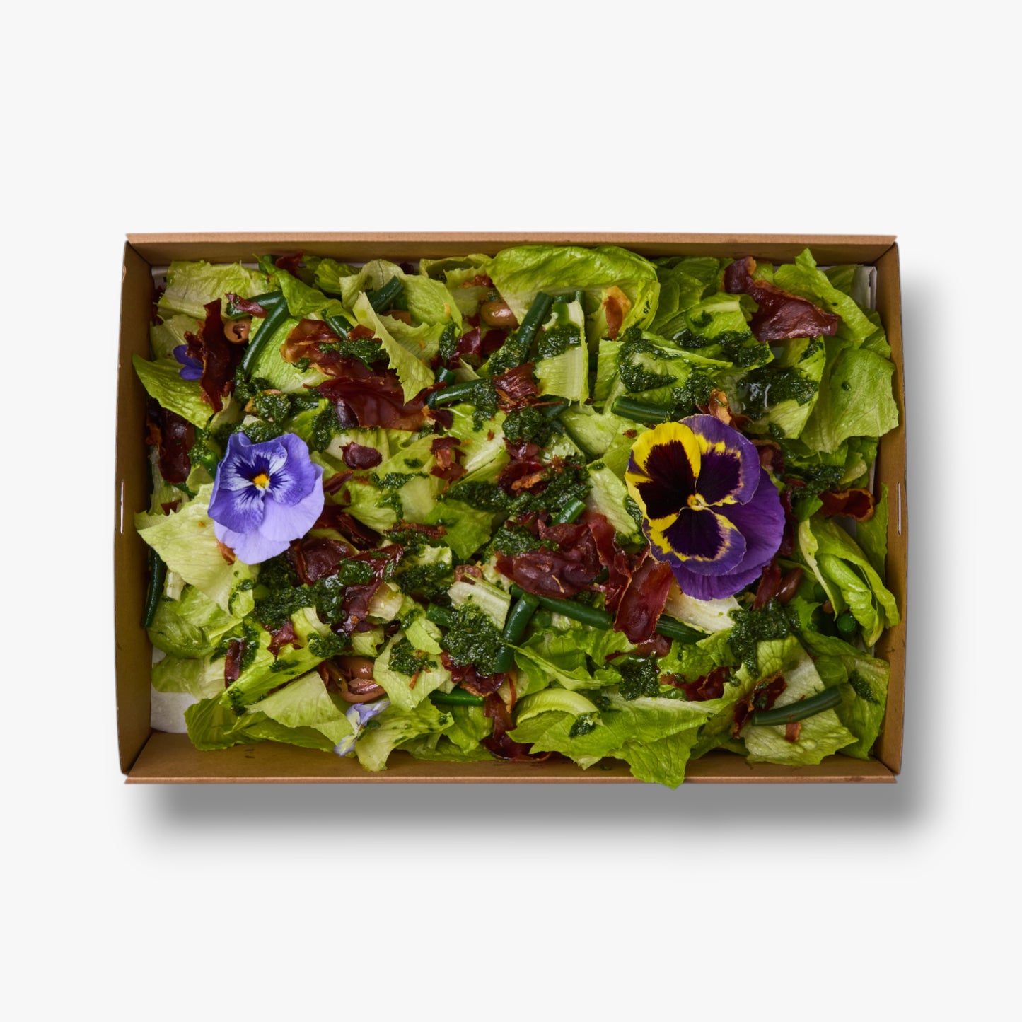 Crispy prosciutto, cos, green beans, olives, salsa verde