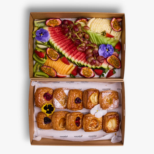 Option 1: Assorted Danish pastries (v), seasonal fruit platter (vg)(gf)