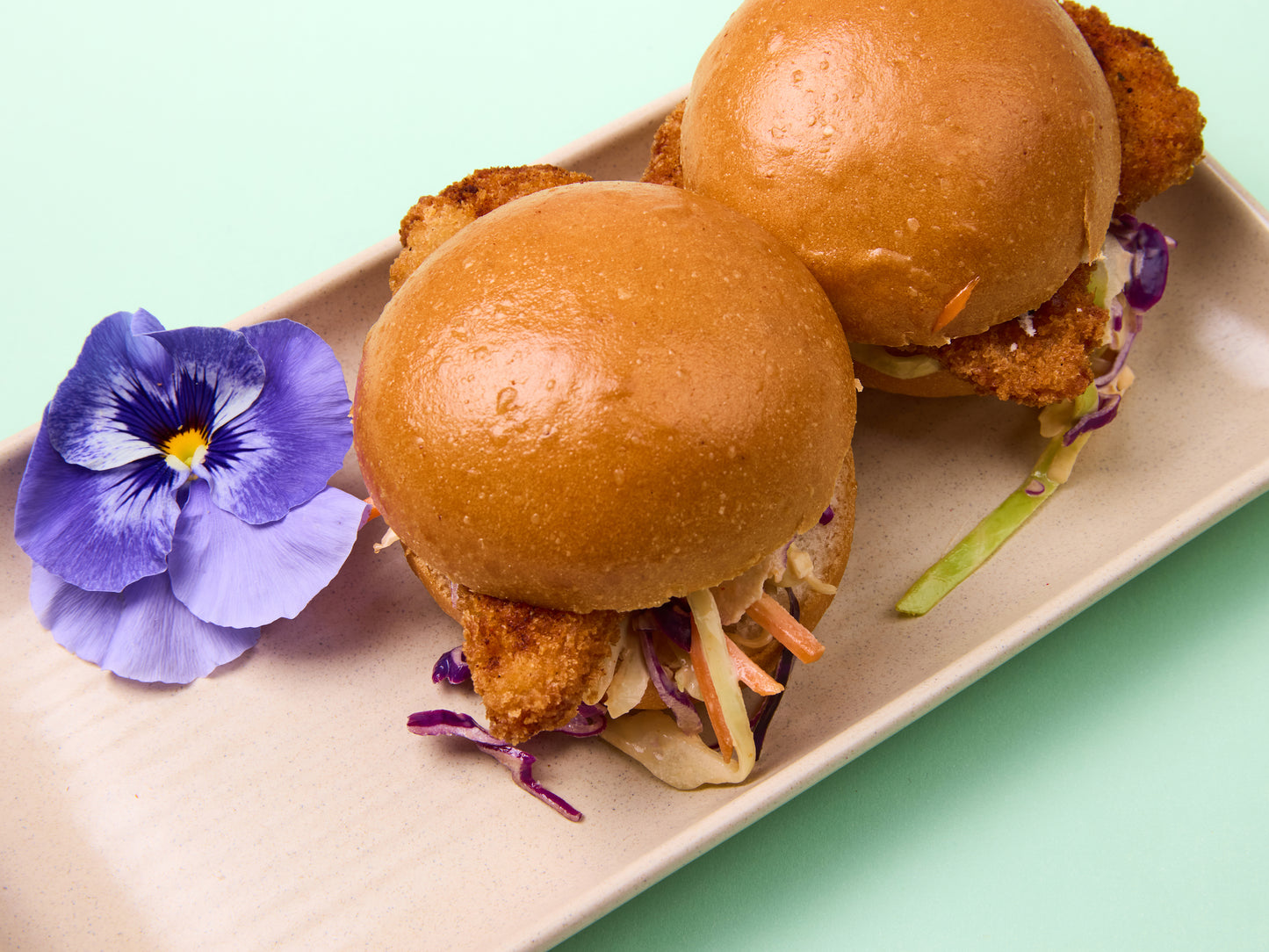 Chicken Schnitzel Sliders, Sriracha Mayo & Coleslaw