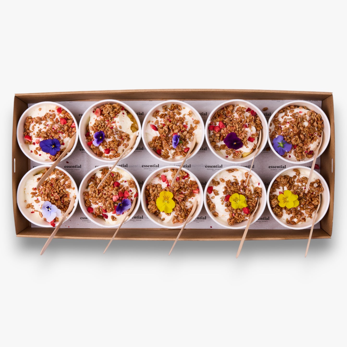 Coconut, ginger & pineapple muesli cups, spiced yoghurt