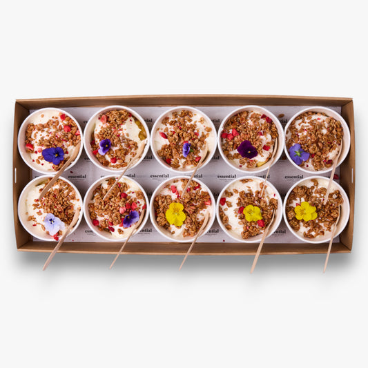 Coconut, ginger & pineapple muesli cups, spiced yoghurt