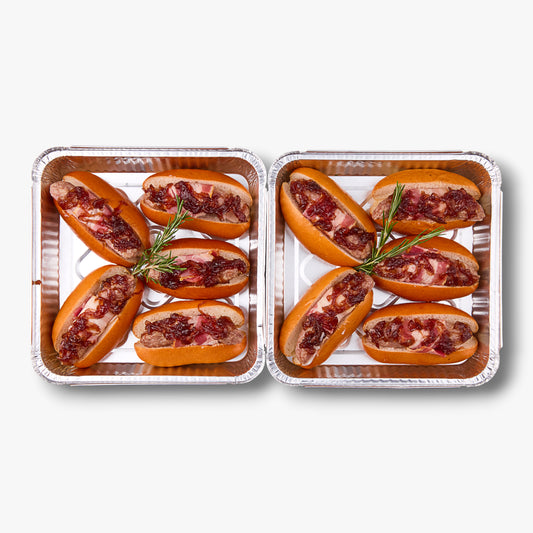 Pigs in Blanket, milk bun hotdog roll, onion jam