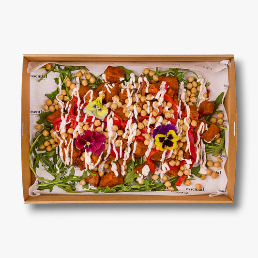 Slow roasted pumpkin, sweet potato salad with capsicum, chickpea and sumac yoghurt