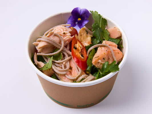 Baked Tasmanian salmon, soba noodles, green beans, cherry tomatoes, Thai dressing
