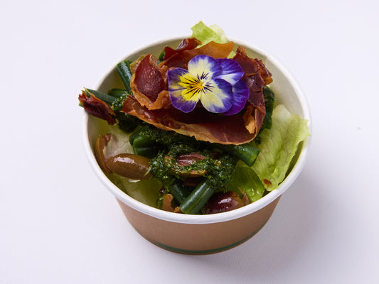 Crispy prosciutto, cos, green beans, olives, salsa verde