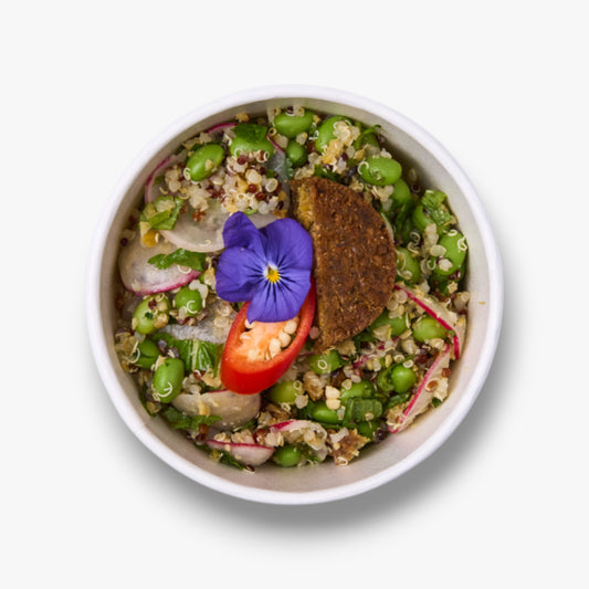 Falafel, quinoa, radish, edamame, chilli citrus dressing