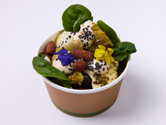 Roasted cauliflower, spinach, caramelised onion, almond, tahini dressing