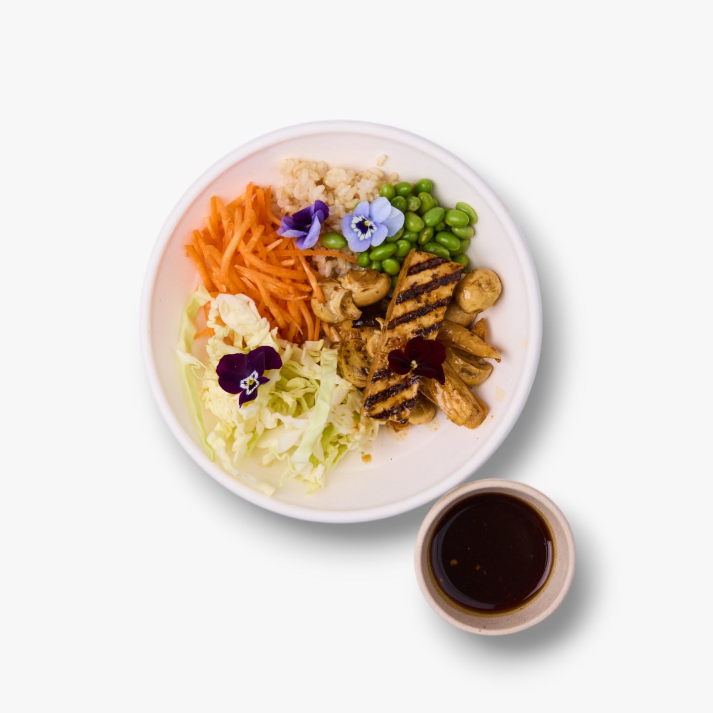 Poke bowl - Soy braised mushroom & tofu, edamame, carrot, cabbage, radish and seasoned rice