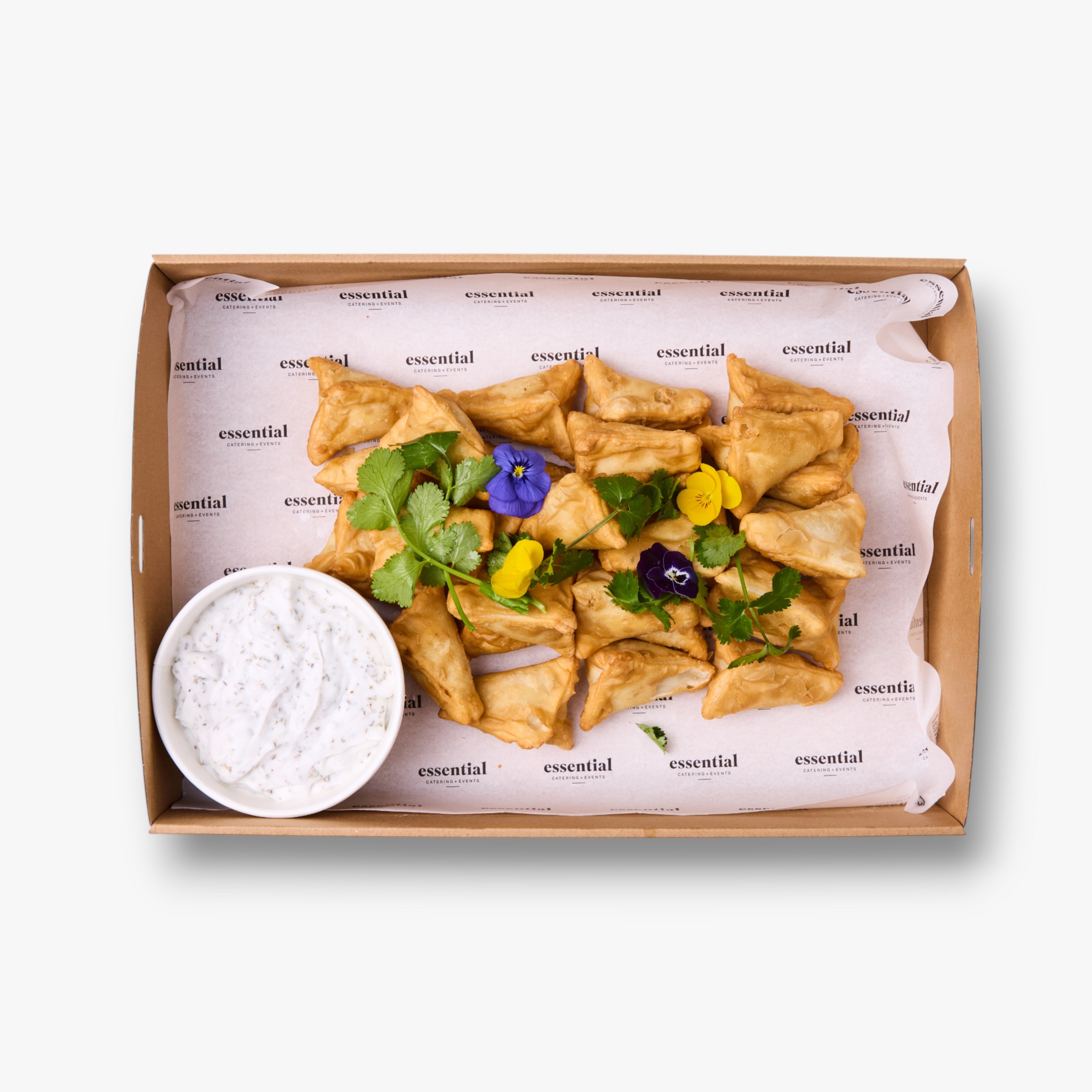 Pumpkin & Almond Samosa, Coconut-Mint Raita – Essential Catering Drop Off